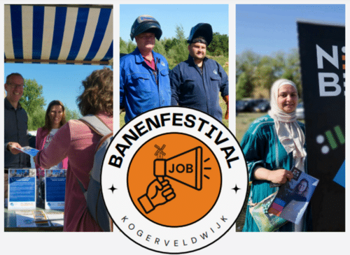 Banner van het Banenfestival, met verschillende Zaankanters in beeld.